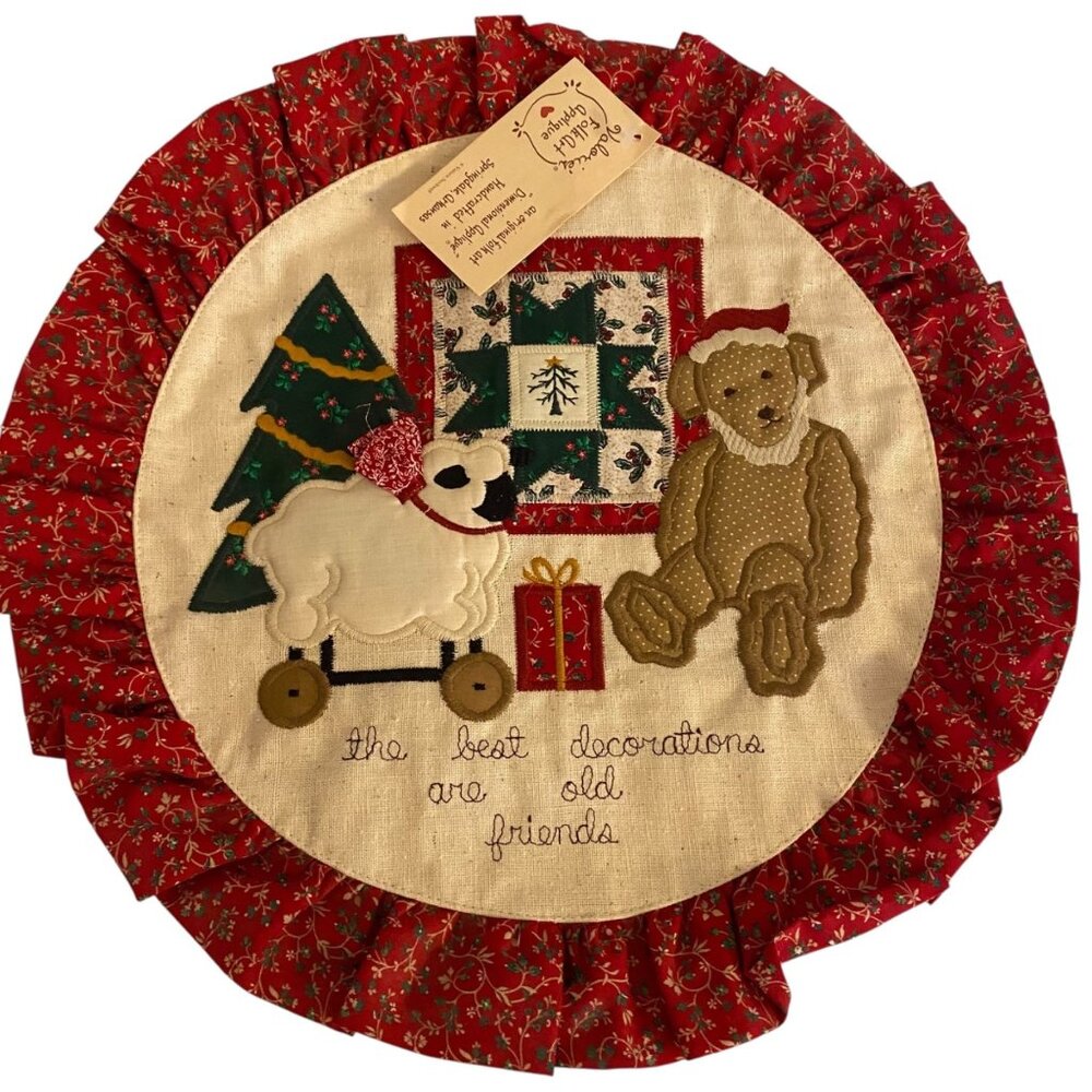 Valerie‎ Folk Art Antique Applique Christmas Table Topper Teddy Bear Sheep Quilt